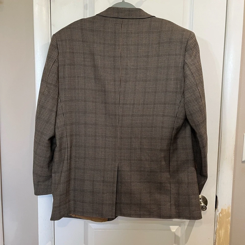 Alan Flusser Worsted Wool Houndstooth Blazer Jacket Sz 46R Tan/ Brown Academia